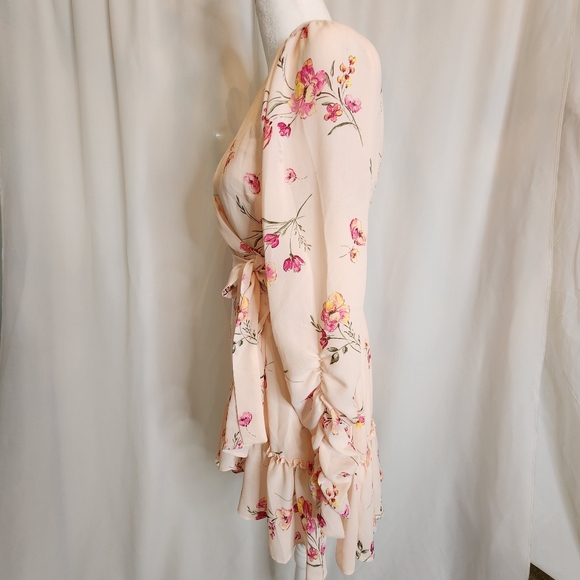 FOREVER 21 Cream & Pink Floral Ruffle V-Neck Wrap Tie Long Sleeve Dress Small - Picture 3 of 11